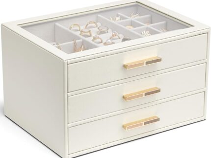 Jewelry Box for Women, Glass Lid Jewelry Organizer with 3 Drawers for Necklaces Rings Earrings Bracelets Mother Day Gift for Mom - Cloud White