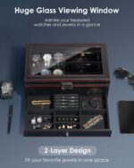 Watch Jewelry Box Organizer, 6-Slot 2-Layer Watch Case and Sunglasses Storage with Large Glass Lid, Men's Jewelry Box with Lock, Watch Holder Display Case, Fathers Day Gift for Dad - Image 2