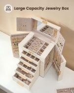 Large Jewelry Box Organizer for Women, 6-Layer Jewelry Organizers and Storage Case with Mirror & 5 Drawers, Lockable Watch Ring Earring Bracelet Necklace Holder Girls Gift -6Layer, Beige - Image 2