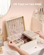 Jewelry Box Organizer for Women Girls, 2 Layer Jewelry Organizers and Storage for Necklace Earrings Rings Bracelets, Large Jewellery Holder Case Birthday Gifts -Cream - Image 2
