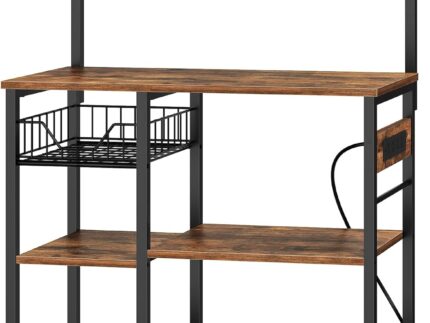 Bakers Rack with Power Outlet, 35.4 Inches Coffee Bar with Mesh Basket, Microwave Stand with 4 S-Shaped Hooks, Kitchen Bakers Rack with Storage, Easy to Assemble, Rustic Brown
