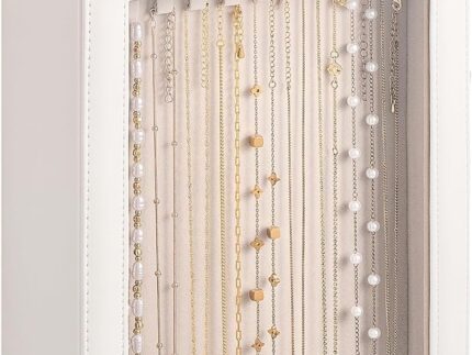 Necklace Organizer Box, Jewelry Storage Box with Clear Window for Necklaces Bracelets, Tangle-Free Necklace Display Case for Women Girls, White, 2 Layers 20 Hooks
