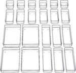 22-Piece Drawer Organizer with Non-Slip Silicone Pads, 4-Size Clear Desk Drawer Organizer Trays Storage Tray for Makeup, Jewelries, Utensils in Bedroom Dresser, Office and Kitchen, Clear