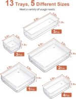 13-Piece Drawer Organizer with Non-Slip Silicone Pads, 5-Size Desk Drawer Organizer Trays Storage Tray for Makeup, Jewelries, Utensils in Bedroom Dresser, Office and Kitchen (Clear) - Image 2