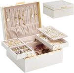 Jewelry Box Organizer for Women Girls, 2 Layer Jewelry Organizers and Storage for Necklace Earrings Rings Bracelets, Large Jewellery Holder Case Birthday Gifts -Cream