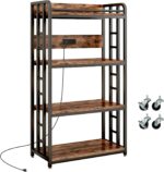 Adjustable 4-Tier Heavy Duty Kitchen Baker's Rack with Power Outlet, with Industrial Wheels, Free Standing Microwave Oven Cart Stand for Storage in Living Room, Garage, Rustic Brown