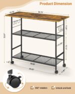 Kitchen Island with 3 Shelves, Rolling Kitchen Cart with 6 Hooks and Protective Shelf, Microwave Stand on Lockable Wheels, Bakers Rack Coffee Bar for Dining, Living Room, Outdoor, Metal Frame - Image 2