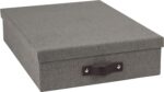 Canvas Fiberboard Document  Box - File Organizer Box for Important Paperwork - Document Storage with a Lid & Leather Handle - 3.3 in x 10.2 in x 13.8 in - Gray