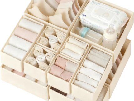 Drawer Organizer Clothes 12 Pack, Dresser Organizer for Nursery Bedroom Closet Organization and Storage - Baby Clothes Organizer Bins - Drawer Divider for Sock Underwear Bra Ties (Beige)