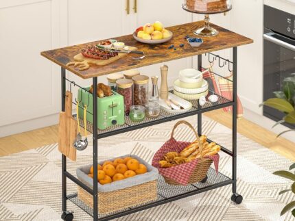 Kitchen Island with 3 Shelves, Rolling Kitchen Cart with 6 Hooks and Protective Shelf, Microwave Stand on Lockable Wheels, Bakers Rack Coffee Bar for Dining, Living Room, Outdoor, Metal Frame