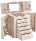 Large Jewelry Box Organizer for Women, 6-Layer Jewelry Organizers and Storage Case with Mirror & 5 Drawers, Lockable Watch Ring Earring Bracelet Necklace Holder Girls Gift -6Layer, Beige