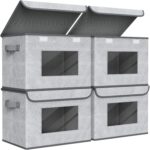 Fabric Foldable Storage Boxes [4-Pack] Large Collapsible Stackable Storage Bins with Lids, Closet Organizers and Storage Cube Basket for Home, Office, Bedroom (Gray, 17“ x 12” x 12")