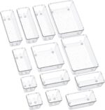 13-Piece Drawer Organizers with Non-Slip Silicone Pads, 5-Size Desk Bathroom Drawer Organizer Trays Storage Tray for Makeup, Jewelries, Utensils in Bedroom Dresser, Office and Kitchen, Clear