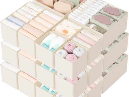 Drawer Organizer 18-Piece Set, Dresser Organizer for Baby Clothes, Foldable Closet Storage & Drawer Dividers for Underwear, Socks, Nursery (Beige)
