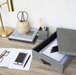 Canvas Fiberboard Document  Box - File Organizer Box for Important Paperwork - Document Storage with a Lid & Leather Handle - 3.3 in x 10.2 in x 13.8 in - Gray - Image 2