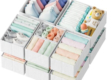 Drawer Organizer Clothes Set of 12 White-Grey - Dresser Organizer For Nursery, Bedroom, Closet - Perfect Baby Clothes Organizer and Storage & General Nursery Organization or Dresser Drawer Organizers